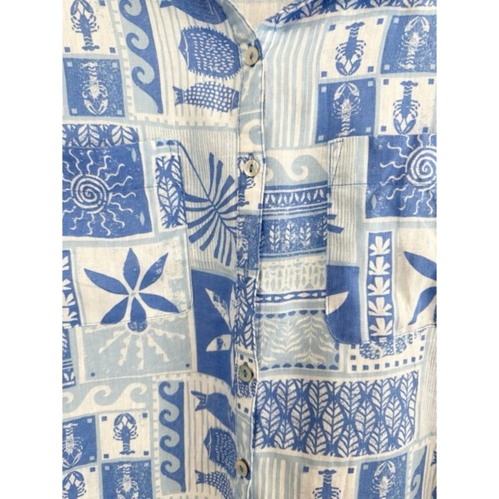 C&C California 100% Linen Blue Lobster Fish Block Print Button Down Shirt M - Picture 4 of 7